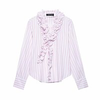 Fashionable French light pink three-dimensional ruffled V-neck striped shirt top - Thumbnail 1