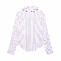 Fashionable French light pink three-dimensional ruffled V-neck striped shirt top - Thumbnail 2