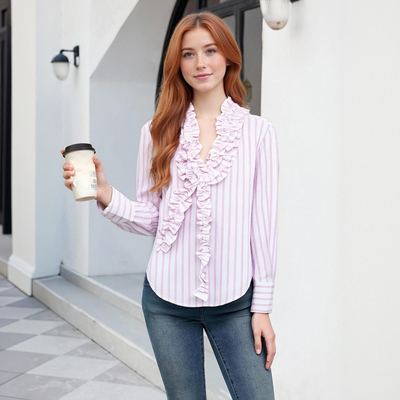 Fashionable French light pink three-dimensional ruffled V-neck striped shirt top