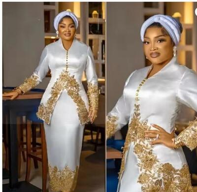 Customized Mother Of The Bride Dresses Long Sleeves Sheath Satin With Gold Lace Appliques V-Neck Arabic African Wedding Gowns