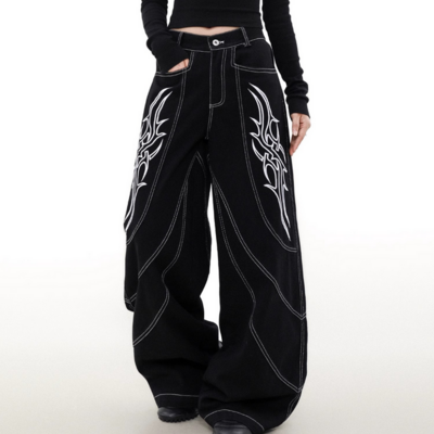 Retro embroidery  wide-leg denim pants
