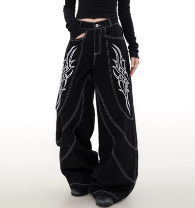 Retro Embroidery  Wide-leg Denim Pants