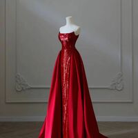 Red Sequin Strapless Bridal Formal Opera Gown Satin Wedding Prom Dress Satin Evening Gown - Thumbnail 6
