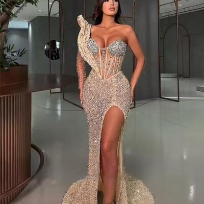 Luxury champagne evening dresses for black girls beaded sequined birthday party gowns high slit long prom dresses customized