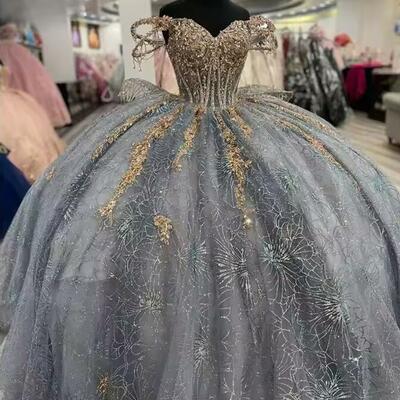 Customized gray princess quinceanera dresses off shoulder ball gown glitter appliques lace crystals beads tull sweet 15th dress
