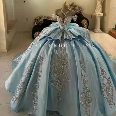 Sky blue off the shoulder bow ruffles quinceanera dresses ball gown beading crystal appliques lace sweet 15 años customized