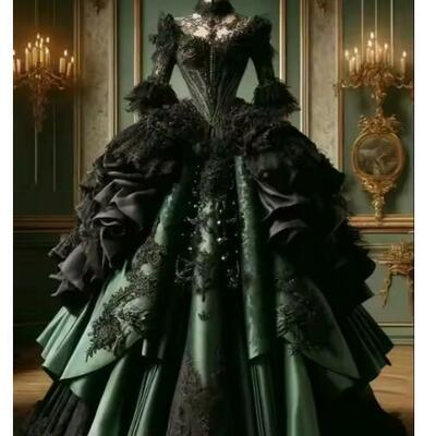 Customized black green gothic prom dresses strapless flared sleeve lace appliques prom dresses ruffled wedding dresses