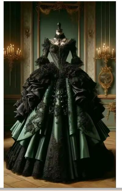 Customized Black Green Gothic Prom Dresses Strapless Flared Sleeve Lace Appliques Prom Dresses Ruffled Wedding Dresses