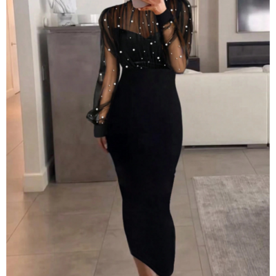 Women's fashion mesh nail bead long sleeved hip hugging dress - Thumbnail 1