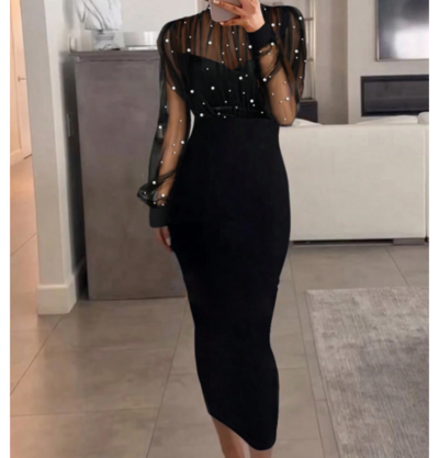 Women'S Fashion Mesh Nail Bead Long Sleeved Hip Hugging Dress