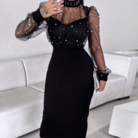 Women'S Fashion Mesh Nail Bead Long Sleeved Hip Hugging Dress - Thumbnail 1