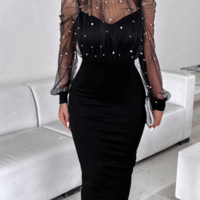 Women'S Fashion Mesh Nail Bead Long Sleeved Hip Hugging Dress - Thumbnail 2