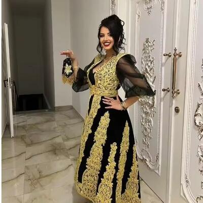 Customized black two pieces algerian karakou prom dress for women gold lace applique long sleeve evening gown traditional