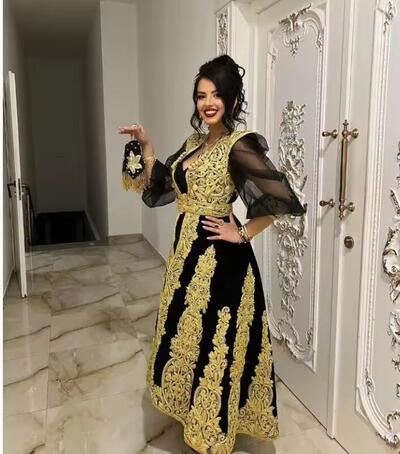Customized Black Two Pieces Algerian Karakou Prom Dress for Women Gold Lace Applique Long Sleeve Evening Gown Traditional