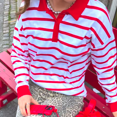 Red striped polo sweatshirt
