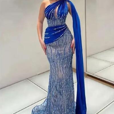 Sparkly sequins royal blue mermaid evening dresses one long shoulder for women party dress arabic wedding prom gowns