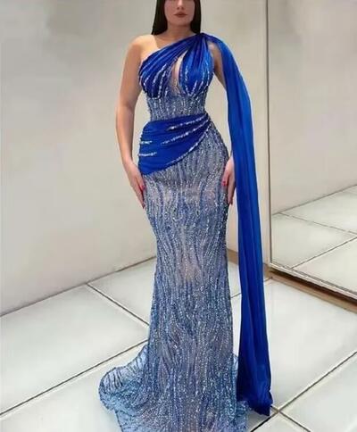 Sparkly Sequins Royal Blue Mermaid Evening Dresses One Long Shoulder For Women Party Dress Arabic Wedding Prom Gowns