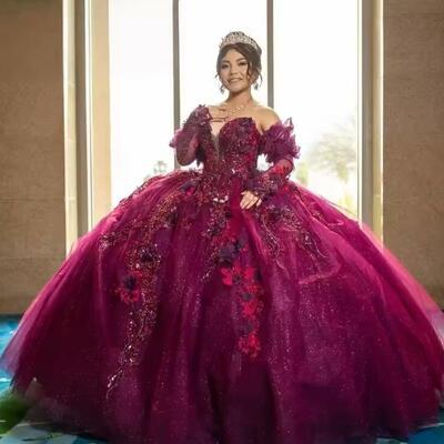 Dark red fancy quinceanera dresses for girl beading off the shoulder sequined appliques vestidos de 15 anos customized