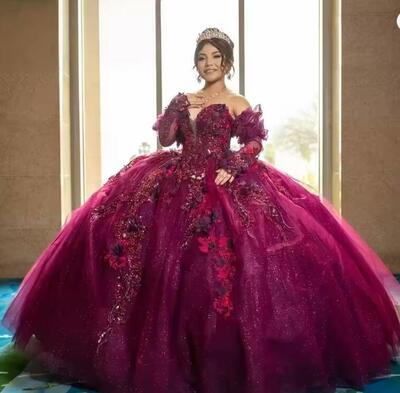Dark Red Fancy Quinceanera Dresses for Girl Beading Off the Shoulder Sequined Appliques Vestidos De 15 Anos Customized