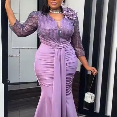 Customized purple satin mermaid mother‘s formal evening dressese with long sleeves plus size mother of bride party gowns