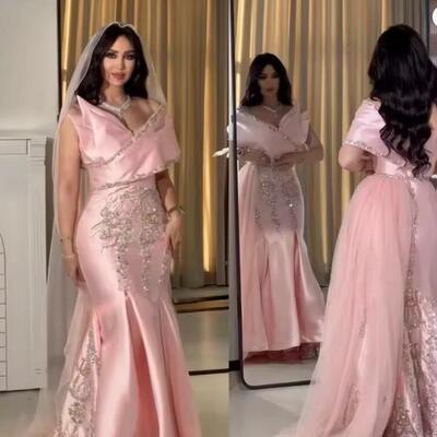 Aso ebi style pink shoulder prom gown sequin beaded middle eastern long dress with lace train custom satin vestidos de noche