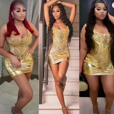 Sexy gold short prom dress for african girls glitter crystals rhinestone beads senior cocktail party homecoming customized