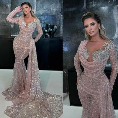 African nigeria prom gowns for black women sequined crystal beading formal evening dresses long sleeve special occasion dress