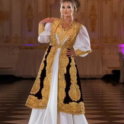 Modest kosovo two pieces evening dresses for women party long sleeves velvet lace applique albanian prom dress robe de mariage