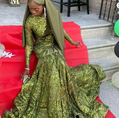 Sparkly Army Green Muslim Mermaid Prom Dresses Gillter Applique Sequins Long Sleeve Customsized Evening Birthday Gown