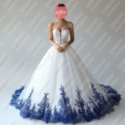 White Tulle and Blue Lace Strapless Full Length Prom Dress Evening Dress Custom Hand Made W19-3.3