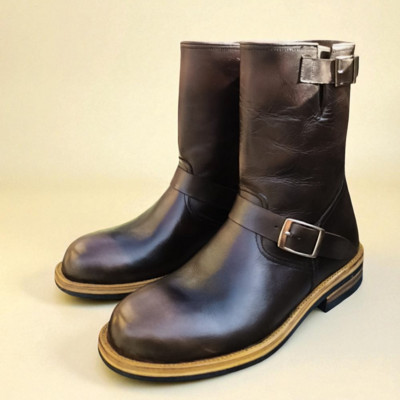 Crafted leather classic brown leather buckle strap ankle high cowboy boot