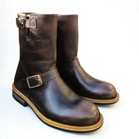 Crafted Leather Classic Brown Leather Buckle Strap Ankle High Cowboy Boot - Thumbnail 2