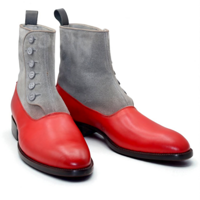 Crafted Leather Classic Men Handmade Gray Red Suede Leather Button Ankle High Boot