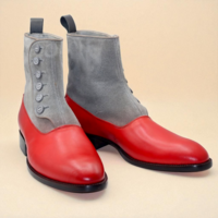 Crafted Leather Classic Men Handmade Gray Red Suede Leather Button Ankle High Boot - Thumbnail 3