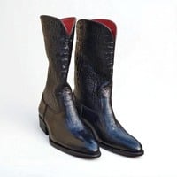 Crafted Leather Men Shoes Black Crocodile/Alligator Leather Cowboy Boot - Thumbnail 1