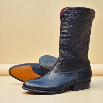 Crafted Leather Men Shoes Black Crocodile/Alligator Leather Cowboy Boot