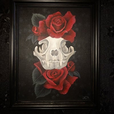 Cat skull framed original painting