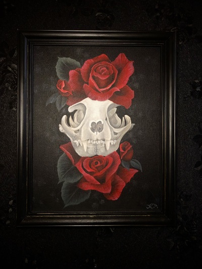 Cat Skull Framed Original Painting