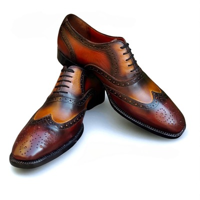 Crafted leather classic men brown tan patina leather wingtip lace up oxford dress shoes - Thumbnail 1