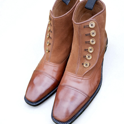 Crafted leather classic men genuine brown / suede leather ankle high button dress boot