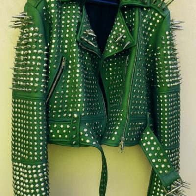 Crafted leather new classic awesome handmade women's green color studded brando metal spiked leather round studs jacket