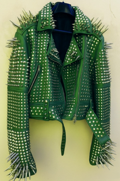 Crafted Leather New Classic Awesome Handmade Women's Green Color Studded Brando Metal Spiked Leather Round Studs Jacket