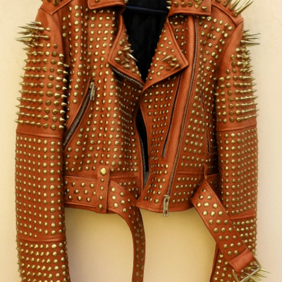 Crafted leather new classic awesome handmade women's brown color studded brando metal spiked leather round studs jacket