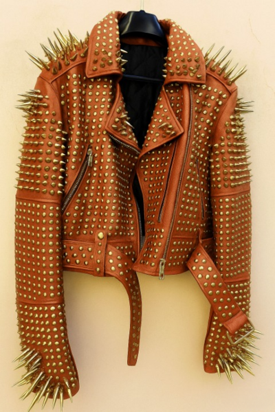 Crafted Leather New Classic Awesome Handmade Women's Brown Color Studded Brando Metal Spiked Leather Round Studs Jacket