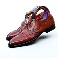 Crafted Leather Classic Brown Leather Wingtip Oxford Dress Shoes with Matching Belt - Thumbnail 1