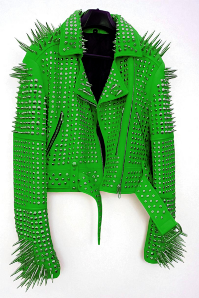 Crafted Leather New Classic Awesome Handmade Women's Green Color Studded Brando Metal Spiked Leather Round Studs Jacket