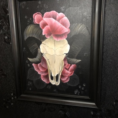 Ram skull framed original painting