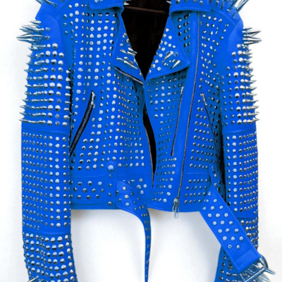 Crafted leather new classic awesome handmade women's blue color studded brando metal spiked leather round studs jacket