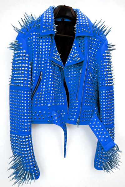 Crafted Leather New Classic Awesome Handmade Women's Blue Color Studded Brando Metal Spiked Leather Round Studs Jacket