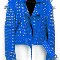 Crafted Leather New Classic Awesome Handmade Women's Blue Color Studded Brando Metal Spiked Leather Round Studs Jacket - Thumbnail 1